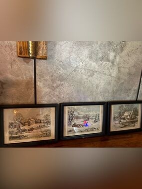 Set of 3 Currier & Ives Framed Winter Scene Wall Art - Black 5x7 Wood Frames